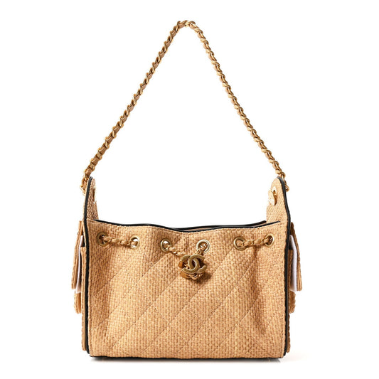 Braided Raffia Calfskin Quilted Mini Chanel 25 Handbag Beige Black