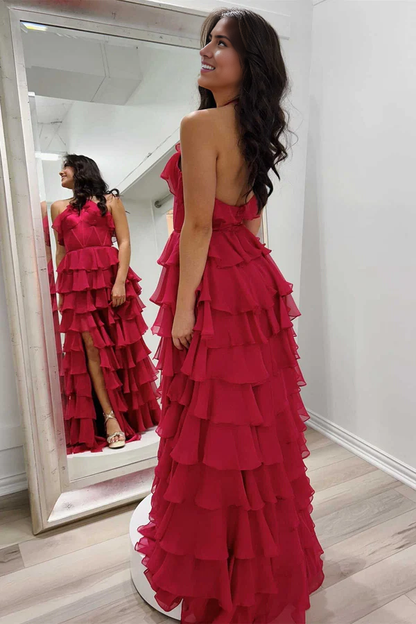 omberprom Elegant Evening Dress Halter Keyhole Ruffle Tiered Prom Dress with Slit