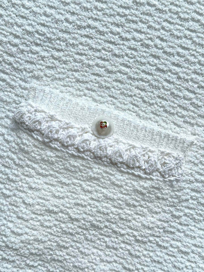 Chanel 25P Long-Sleeve Top White Tweed Pearl Buttons 237299