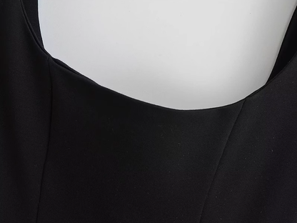 2025 Summer New French Black Dress Square Neck Waist Short Dress R0925