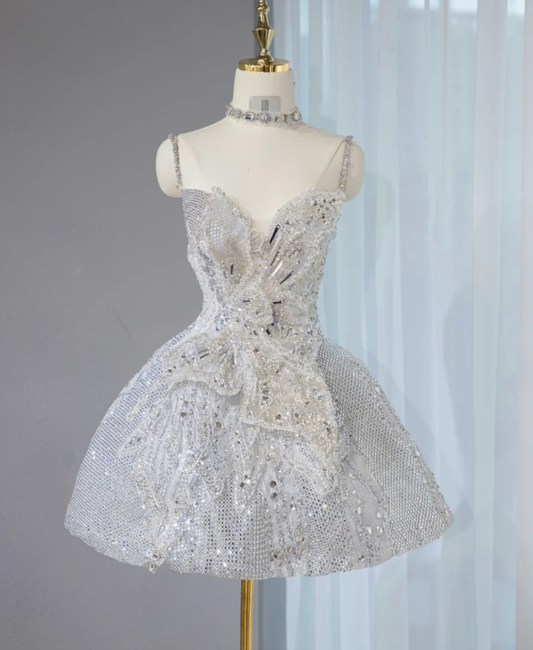 Silver strap diamond-studded high-end neckline waist puffy skirt short skirt homecoming dress R4159