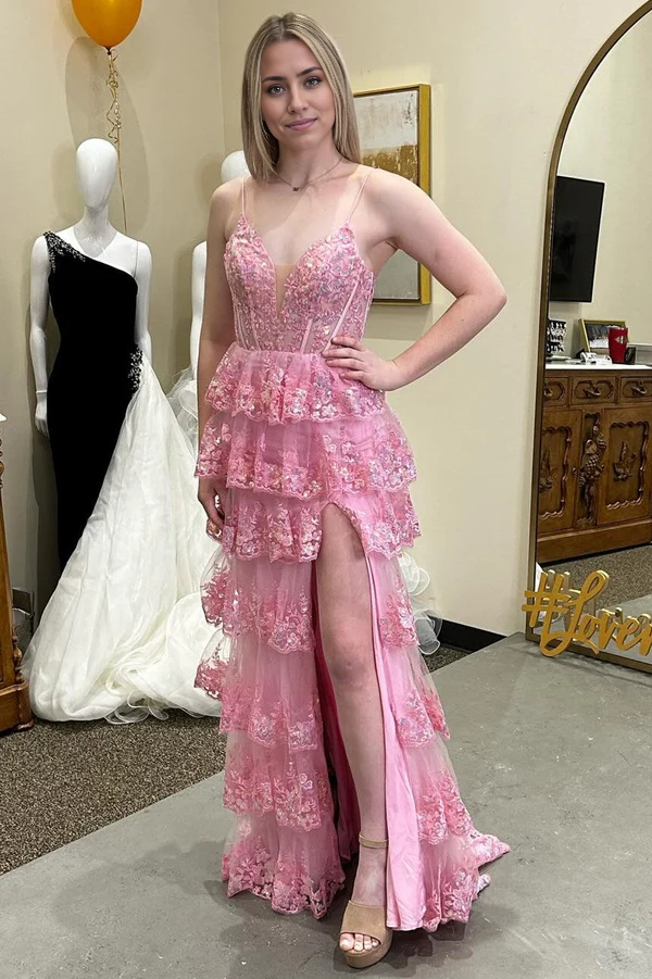 omberprom Pink Evening Dress Glitter Long Prom Dresses Appliques Lace-Up Ruffle Tiered with Slit