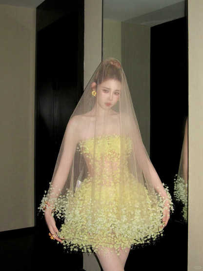 Fashion Yellow Sequined Strapless A-Line Veil Design Tulle Party Dress Homecoming Dress TP4237