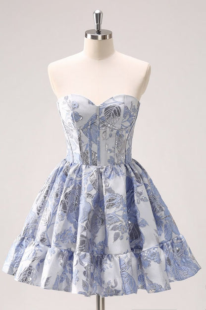 Retro Fashion Blue Corset Design Strapless Mini Party Dress  Floral Homecoming Dress TP3393