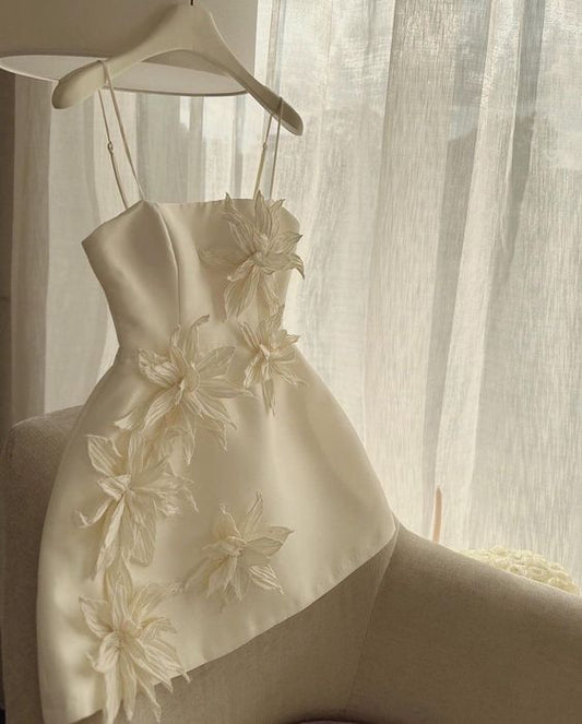 Apricot-colored suspender 3D flower design slim A-line skirt homecoming dress R2547