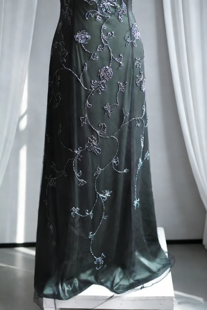 Unique Green Spaghetti Straps Satin Tulle Beaded Mermaid Long Evening Dress Birthday Outfits SP1810