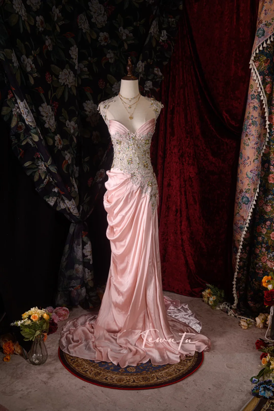 Vintage Pink Satin Mermaid Beaded Bodice Draped Evening Gown TP5110