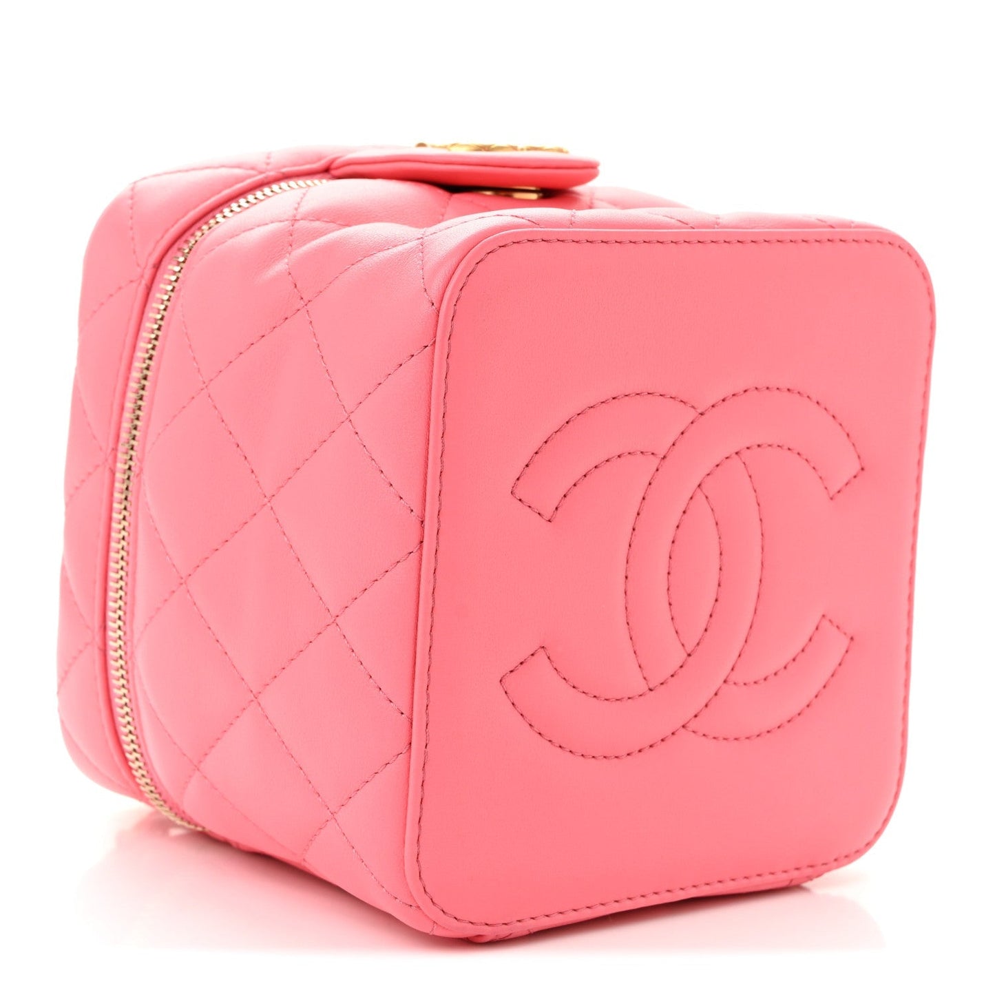 Calfskin Quilted Small Vanity Case With Chain Coral Pink
