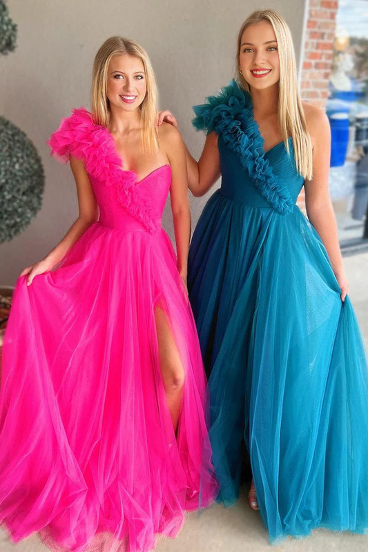 omberprom Elegant A-Line One Shoulder Long Tulle Prom Dress with Ruffles