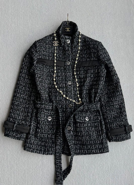 CC Belted Jacket Black White Cashmere Tweed 318587