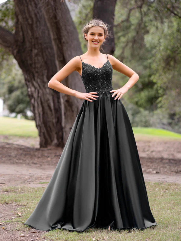 omberprom V-Neck Lace Prom Dresses Stain A-Line Floor-length Evening Dress