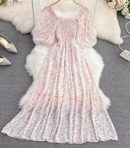 2025 new first love skirt square neck floral chiffon skirt tea break forest platycodon skirt a-line dress R0339