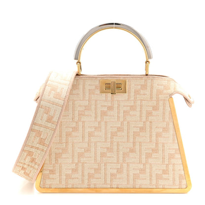 Chenille Suede Metal FF Small Peekaboo I SEE U Satchel Beige White