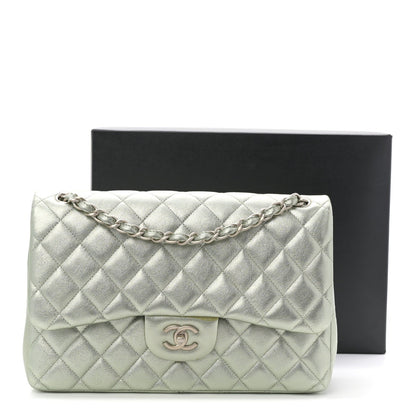 Metallic Lambskin Quilted Jumbo Double Flap Green