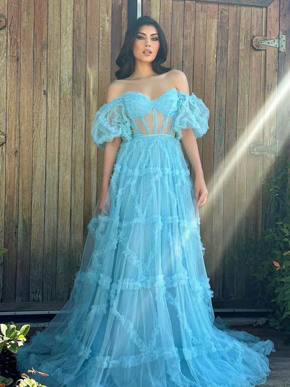 Off The Shoulder Pink Tulle Puffy A-Line Evening Prom Dress