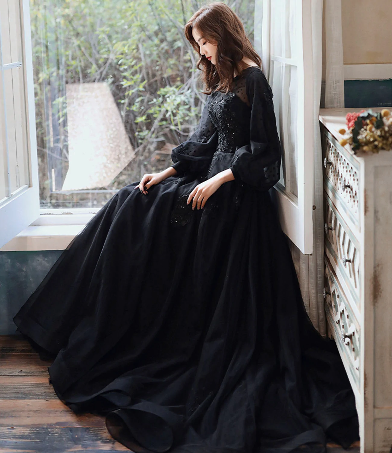 Black lace long prom dress A line evening gown Y1294