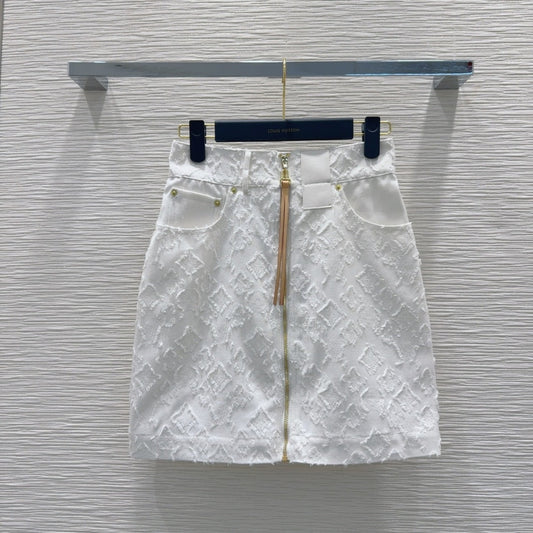 LV 25S Monograw Jacquard Fabric Skirt White Cotton