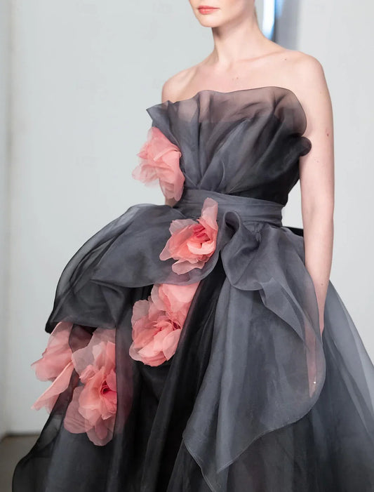 omberprom A-Line Prom Dresses Vintage Dress Prom Birthday Sweep / Brush Train Sleeveless Strapless Organza with Floral