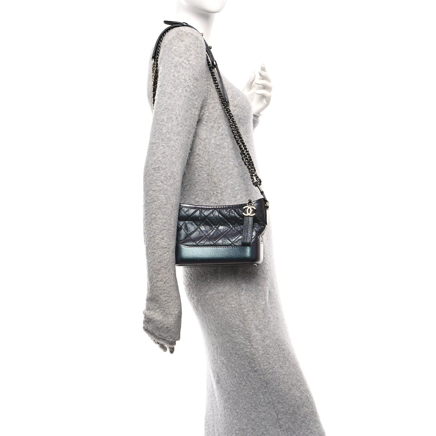 Iridescent Aged Calfskin Quilted Small Gabrielle Hobo Black
