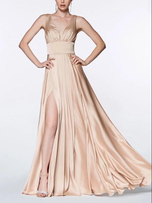 omberprom Elegant Formal Women's Dresses Evening Wear Long Satin V-Neck Dress with Slit