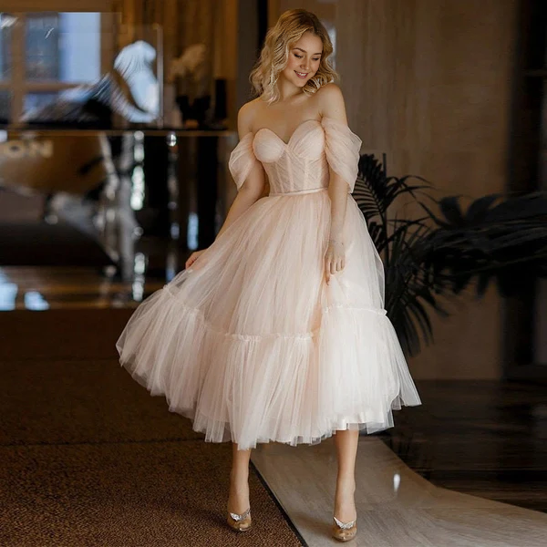 omberprom A Line Graduation Dresses Pink Homecoming Dresses Tulle Tea Length Prom Dress