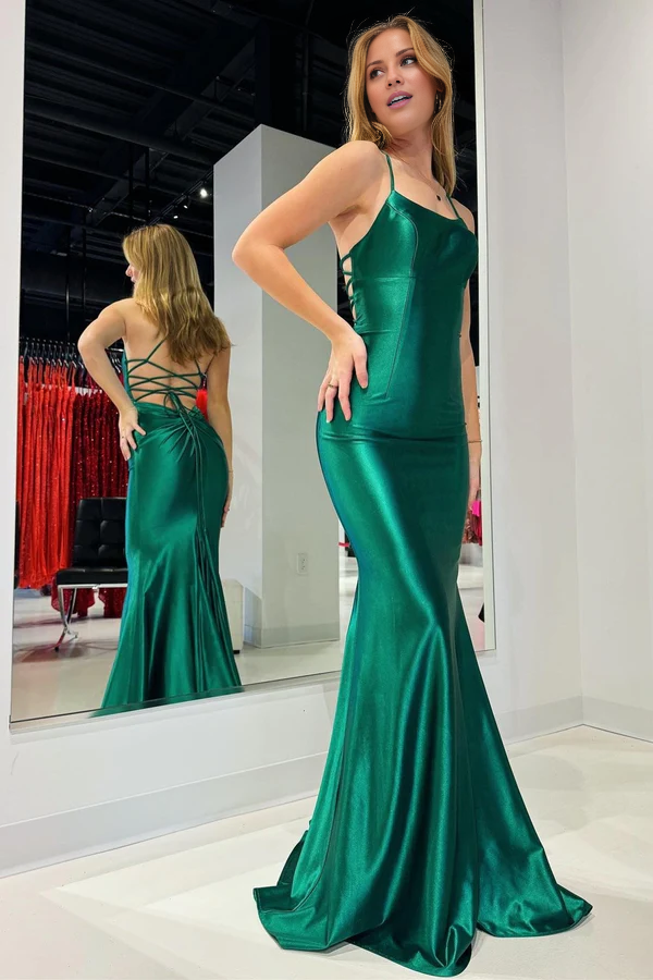 omberprom Emerald Long Prom Gown Prom Dresses Scoop Neck Lace-Up Mermaid Evening Dress