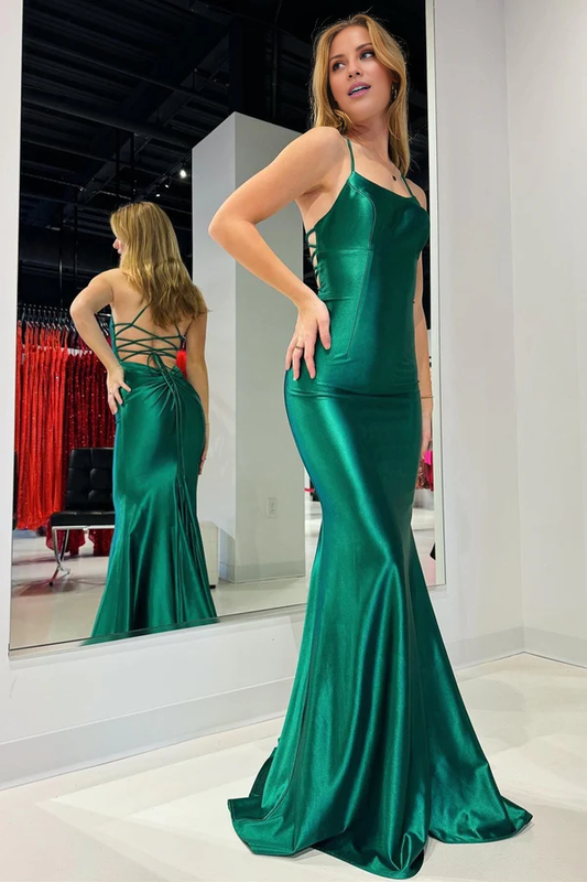 omberprom Emerald Long Prom Gown Prom Dresses Scoop Neck Lace-Up Mermaid Evening Dress