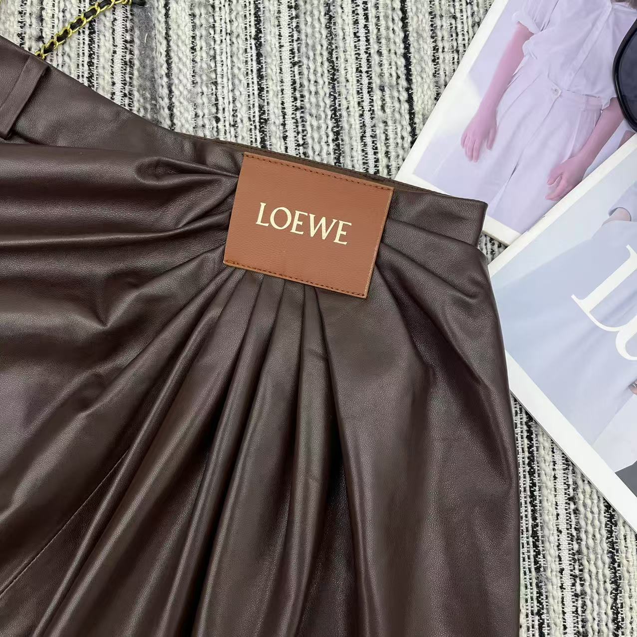 Loewe Draped Midi Skirt Brown Nappa Leather 348569