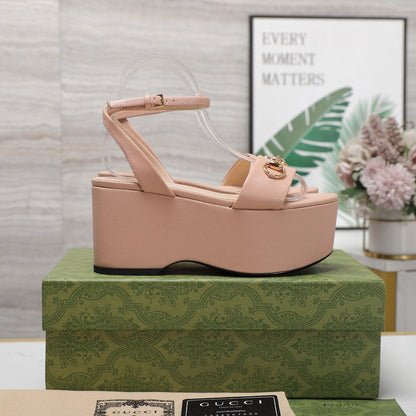 GG  Horsebit Wedges Sandals Pink