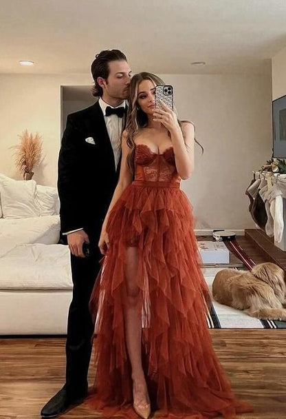 PM547,Rust Red Lace Tulle Prom Evening Dresses, Charming Sweetheart Rust Tiered Long Prom Dress with Slit