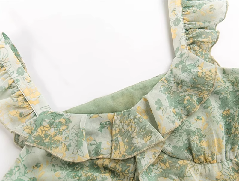 2025 Summer New Green Floral French Tea Break Seaside Vacation Long Dress R0975