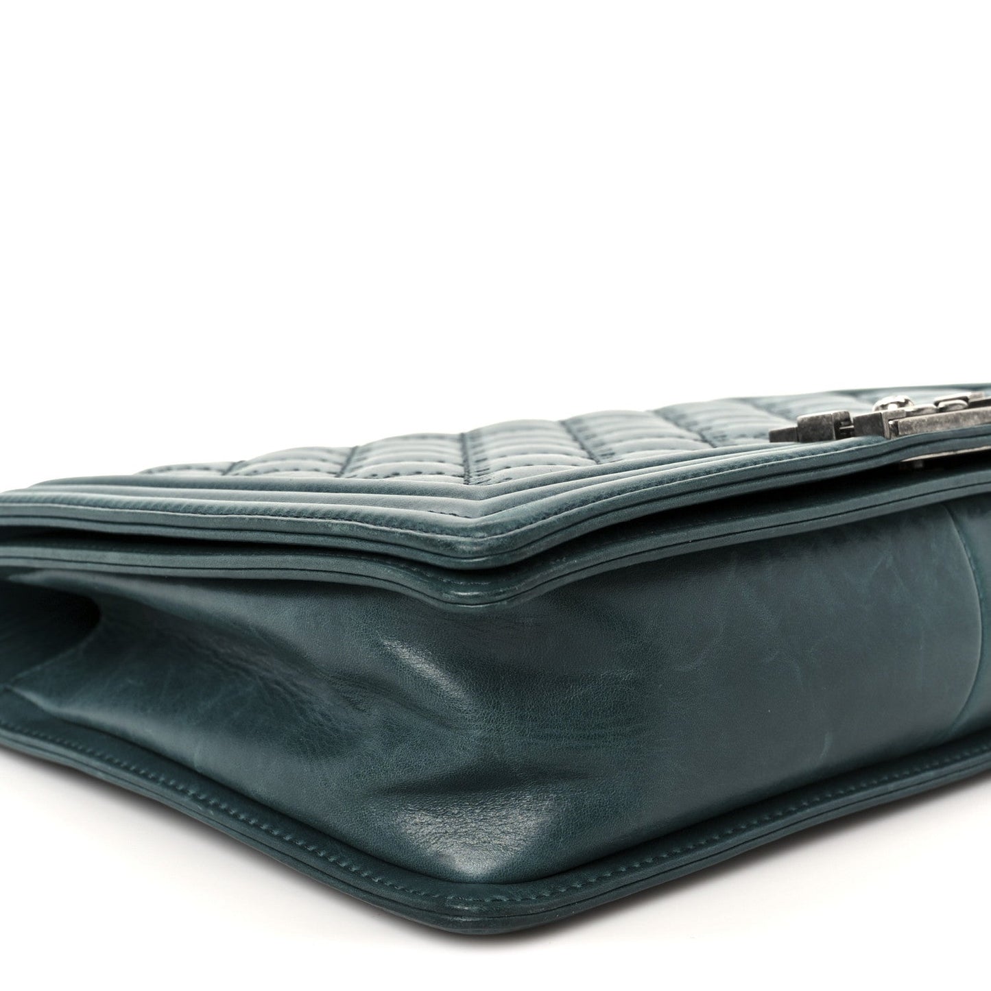 Calfskin Quilted Double Stitch Large Boy Flap Green