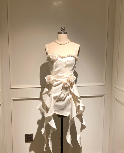 White halter neckline with pearl design, waist and irregular skirt short skirt for homecoming dress R4151