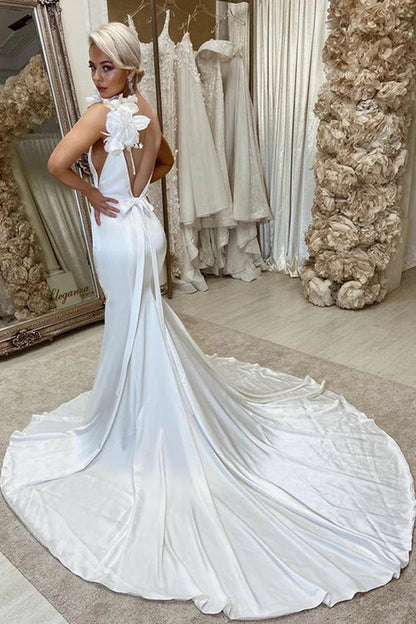 omberprom Elegant Satin Backless Mermaid Wedding Dress with Flowers