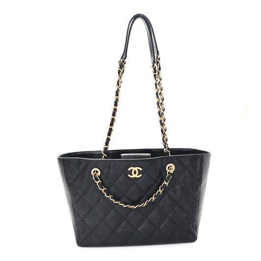 Caviar Quilted Small Trapezoid Chain Shopping Tote Black