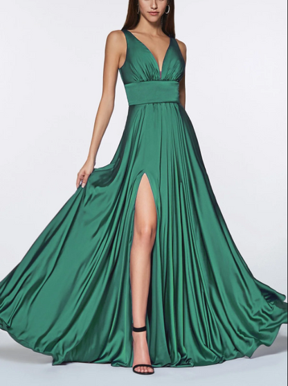 omberprom Elegant Formal Women's Dresses Evening Wear Long Satin V-Neck Dress with Slit