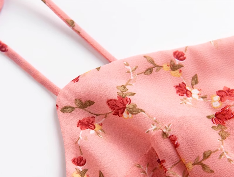 2025 Summer New Pink Floral Tube Top Lace-up Seaside Holiday Suspender Dress R0959