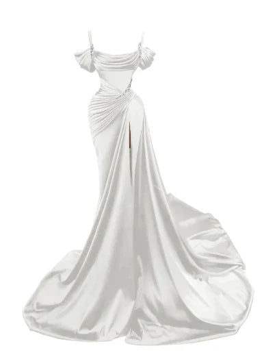 Elegant Mermaid Spaghetti Strap Prom Dress Pleated High Slit Evening Gown Party Dress Long Formal Dress TP4815