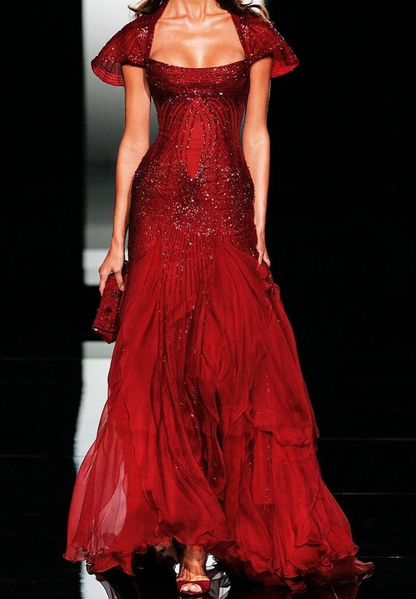 Charming Strapless Burgundy Mermaid Chiffon Sequins Evening Gown,Long Prom Dress cc2577
