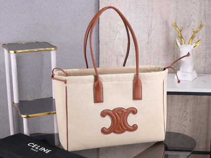 Celine Cabas Drawstring Cuir Triomphe In Textile And Calfskin Natural handbag