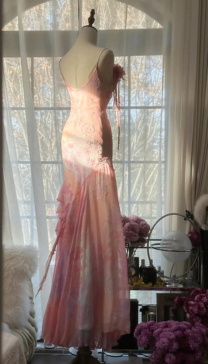 Vintage Pink Floral A-line Spaghetti Strap Irregular Hem Evening Dress Prom Dresses TP3932