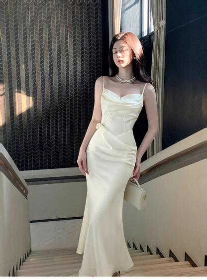 Classy Spaghetti Straps Satin Mermaid Long Wedding Guest Dress Light Apricot Party Dress SP1498