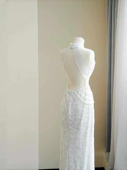 Classy White  Sequins Pearls Chain Sheath Long Prom Dress Evening Dress Y8670