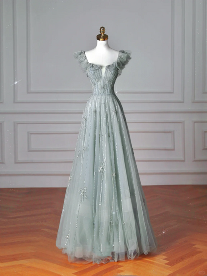 Pretty Light Green Square Neck Tulle Beaded Prom Dress,A Line Evening Dress Y8612
