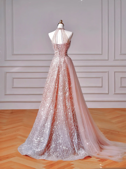 Sparkly Pink Halter Sequins Tulle A Line Prom Dress Evening Dress Y8608