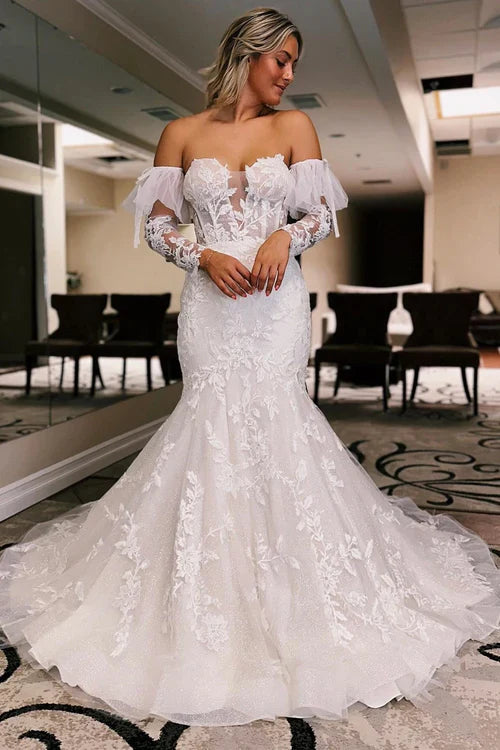 omberprom Elegant Floral Lace Sweetheart Mermaid Wedding Dress with Detachable Sleeves