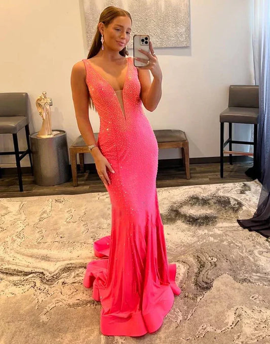 omberprom Elegant Mermaid Evening Dress V-neck Beaded Long Prom Dress Sexy Party Dress