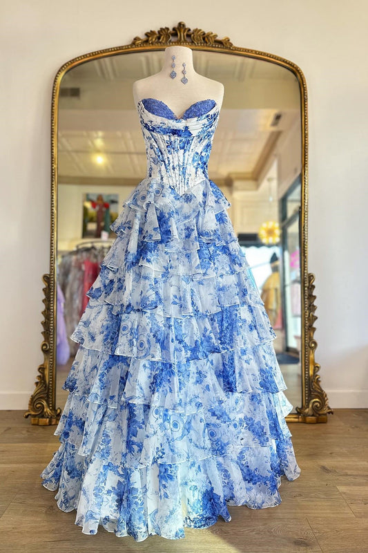 Fashion Sweetheart Floral Ruffle Formal Dress with Slit