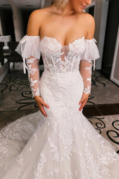 omberprom Elegant Floral Lace Sweetheart Mermaid Wedding Dress with Detachable Sleeves