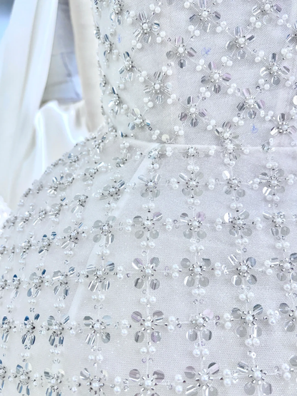 Silver tube top gentle sequin pearl waist sexy A-line short skirt homecoming dress R4191